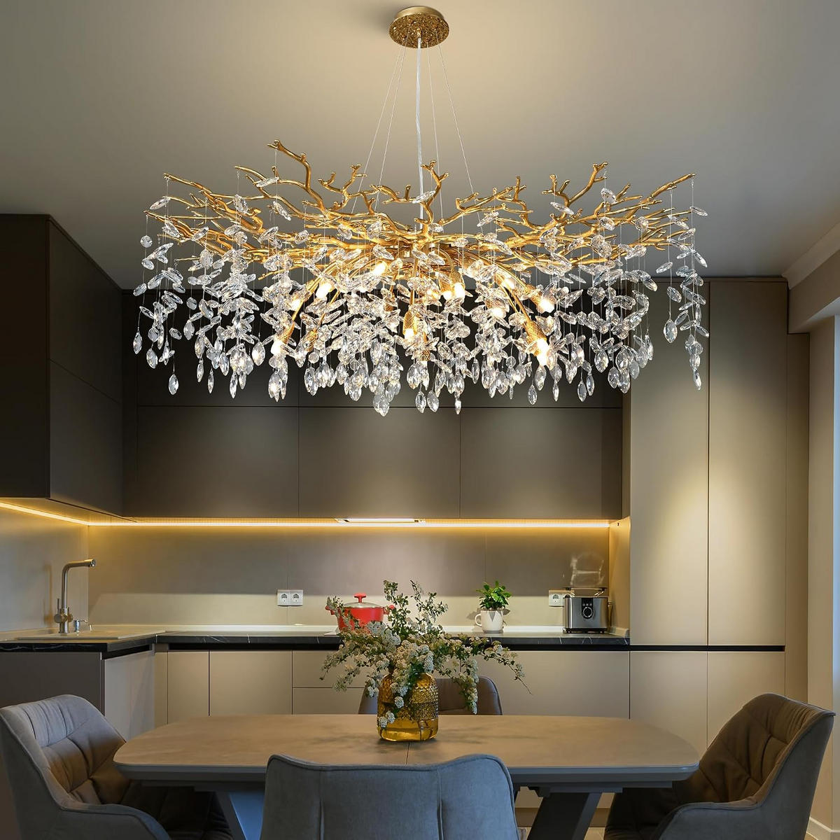KRONLEUCHTER 120 cm K9‑Kristall Baumzweig Gold für Wohnzimmer und Schlafzimmer - Gelb, Naturmaterialien (78/43/38cm) - Surtime