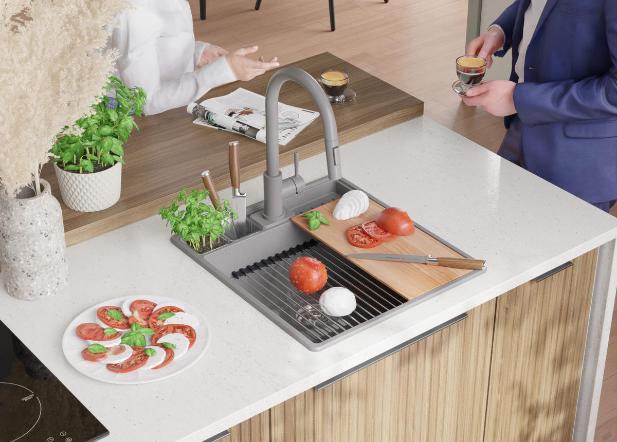 GRANITSPÜLE New York, 2-er set Grau 48/53 cm 1 Becken + Küchenarmatur 32/20 cm + Ablauf-Set + Küchenzubehörset ab 50er Unterschrank - Chromfarben/Beige, Kunststoff (48/20/53cm) - Primagran