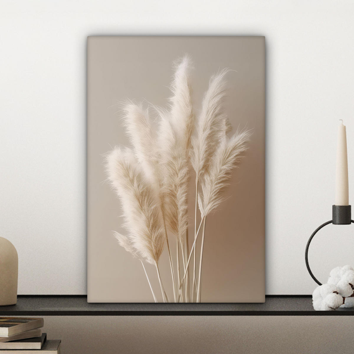 OBRAZ NA PLÁTNĚ Pampová tráva - Plumes - Pastelová - Bílá 20x30 cm - přírodní, textil (20/30cm) - MuchoWow