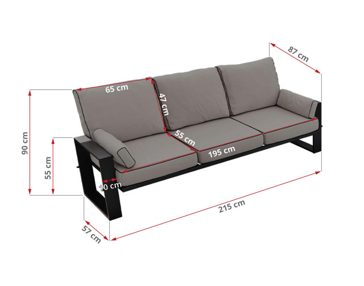 GARTENSOFA Elba 3 Sitzer - Grau - Grau, Textil (215/90/87cm) - MKS