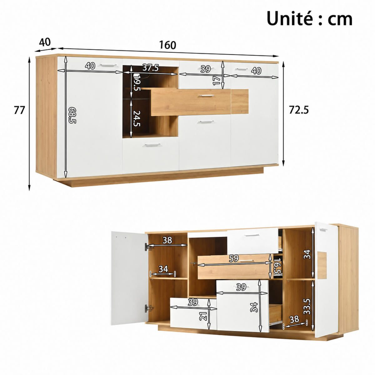 SIDEBOARD 160/40/77 cm in Holzfarbe und Weiß aus MDF mit LED-Beleuchtung und 4 Schubladen - Weiß/Naturfarben, Holzwerkstoff/Metall (160/77/40cm) - CHICFURN