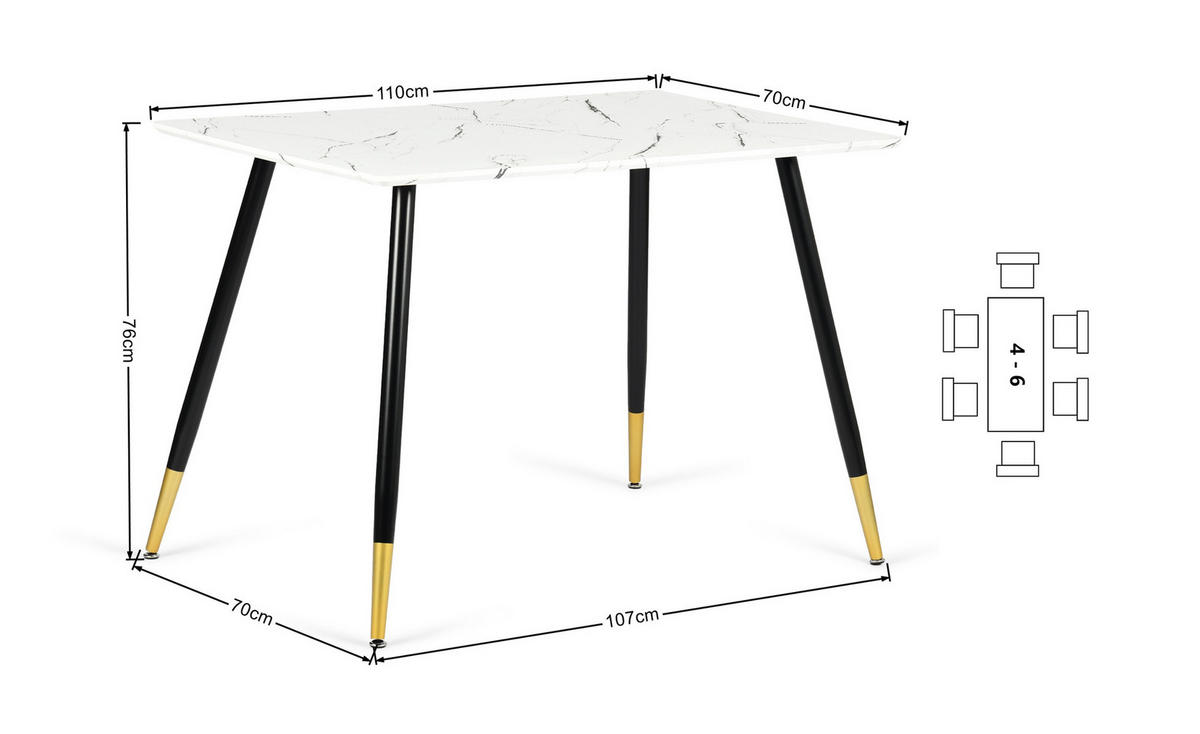 ESSTISCH 110/70/75 cm Rechteckige weiße Marmoroptik - Schwarz/Weiß, Holz/Metall (70/110/75cm) - Urban Meuble