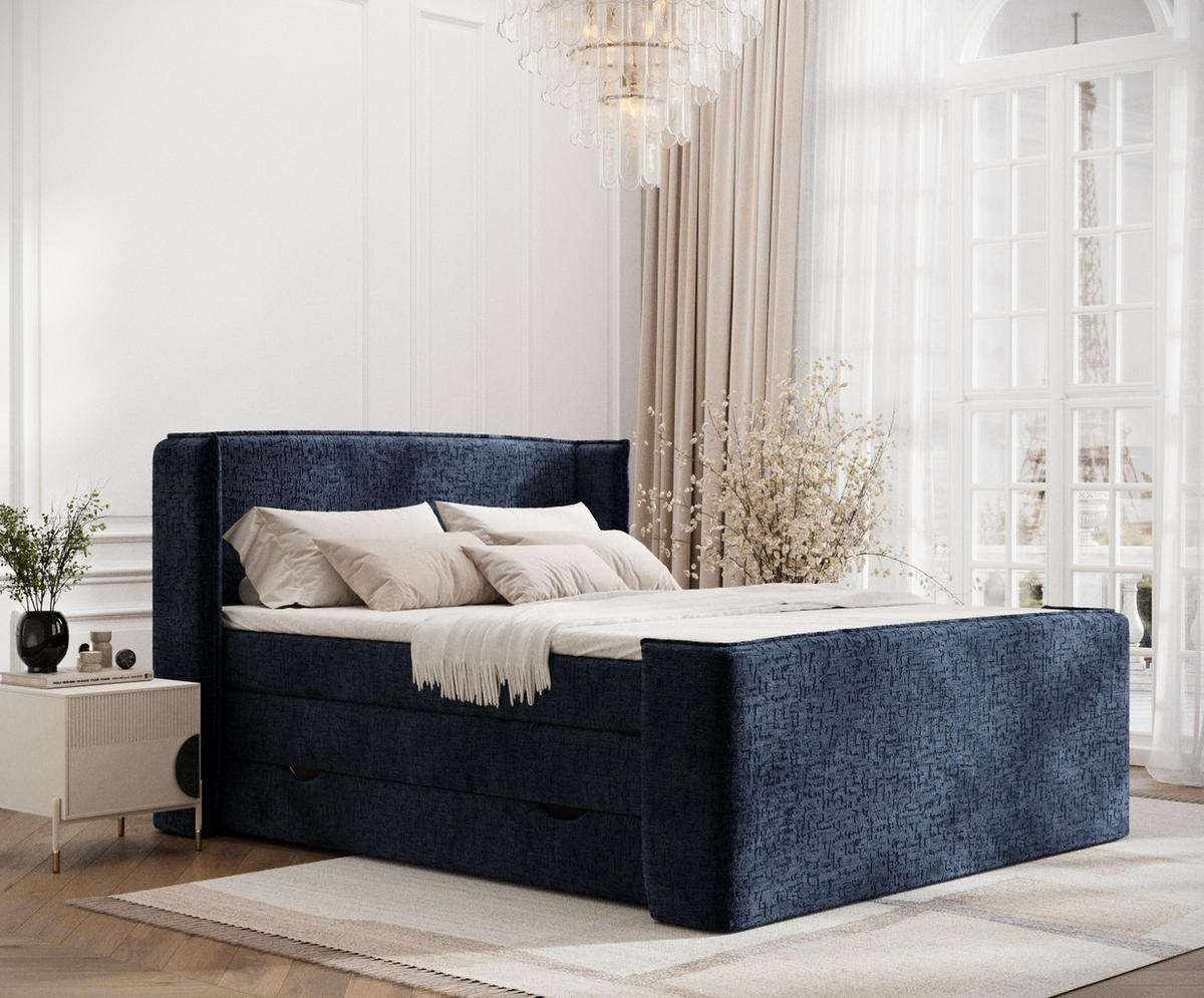 BOXSPRINGBETT Freeland Marineblau 140/200 cm mit Matratze und Topper - Schwarz/Dunkelblau, Holz/Holzwerkstoff (140/200cm) - Maison de Reve