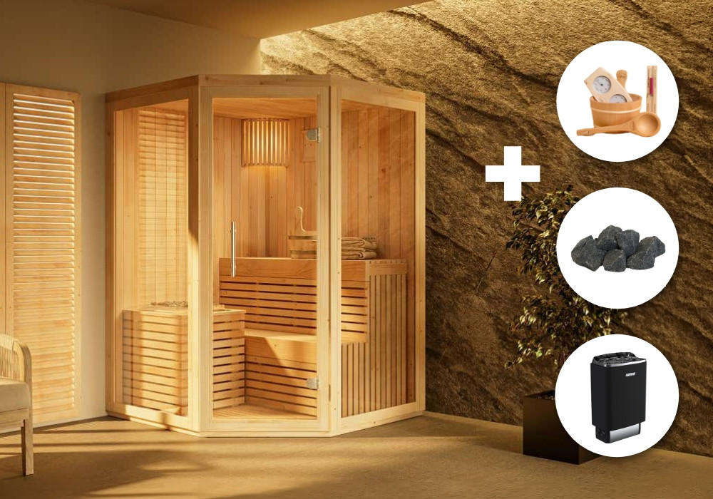 INNENSAUNA Komplettset - Innensauna Ylva - Naturfarben, Holz (141/213/141cm) - FinnTherm