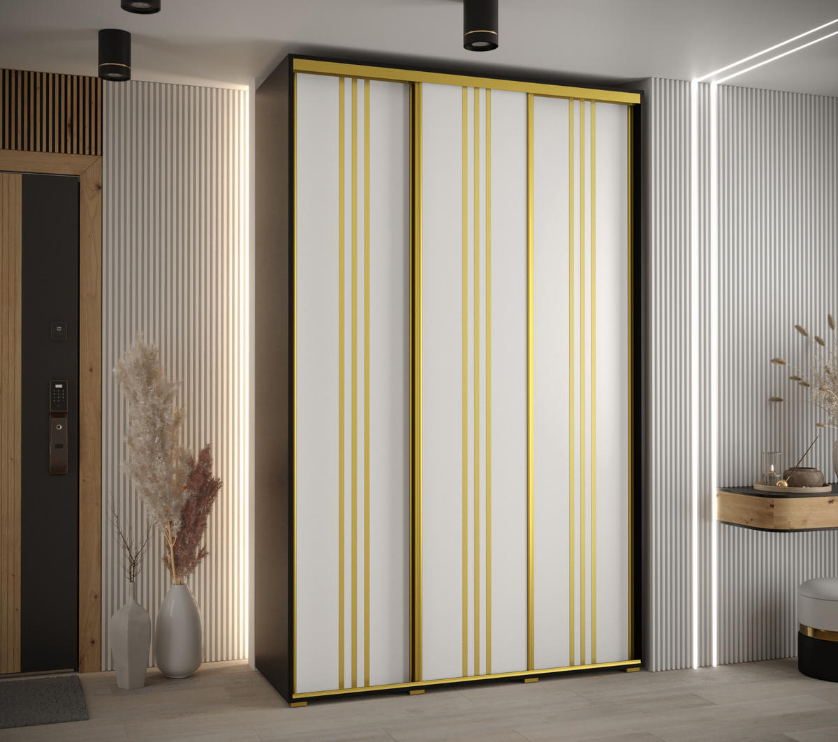 SCHWEBETÜRENSCHRANK 235,2/150/45 3-türig - Goldfarben/Schwarz, Holz/Metall (150/235/45cm) - Abiks Möbel
