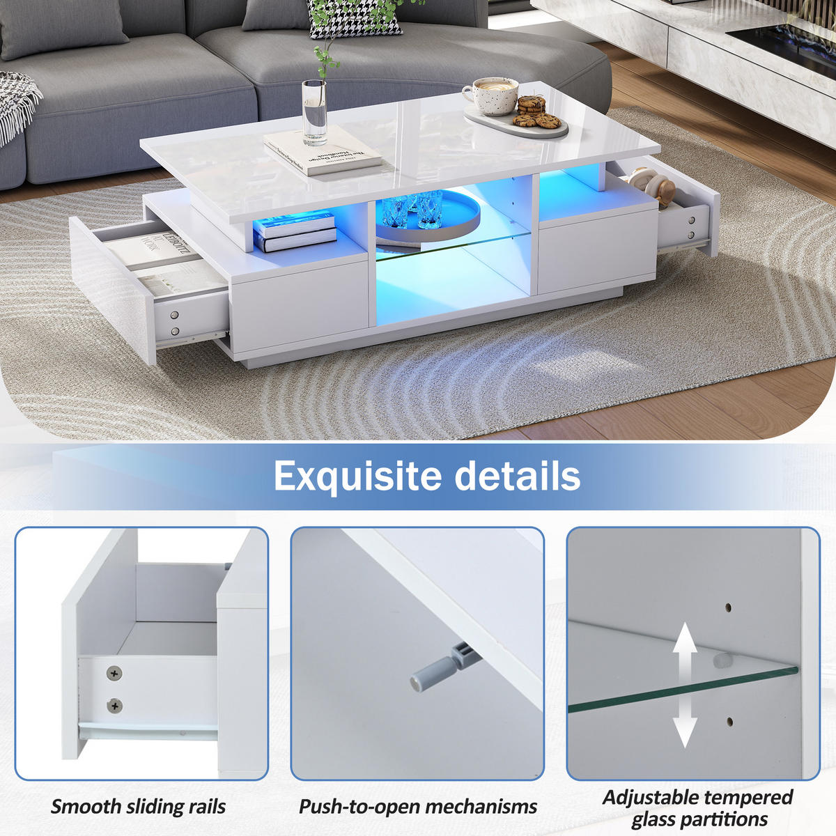 COUCHTISCH aus Spanplatte 100x50x36 cm in Weiß mit LED & 2 Schubladen - Weiß, Holzwerkstoff (100/50/36cm) - Modfu
