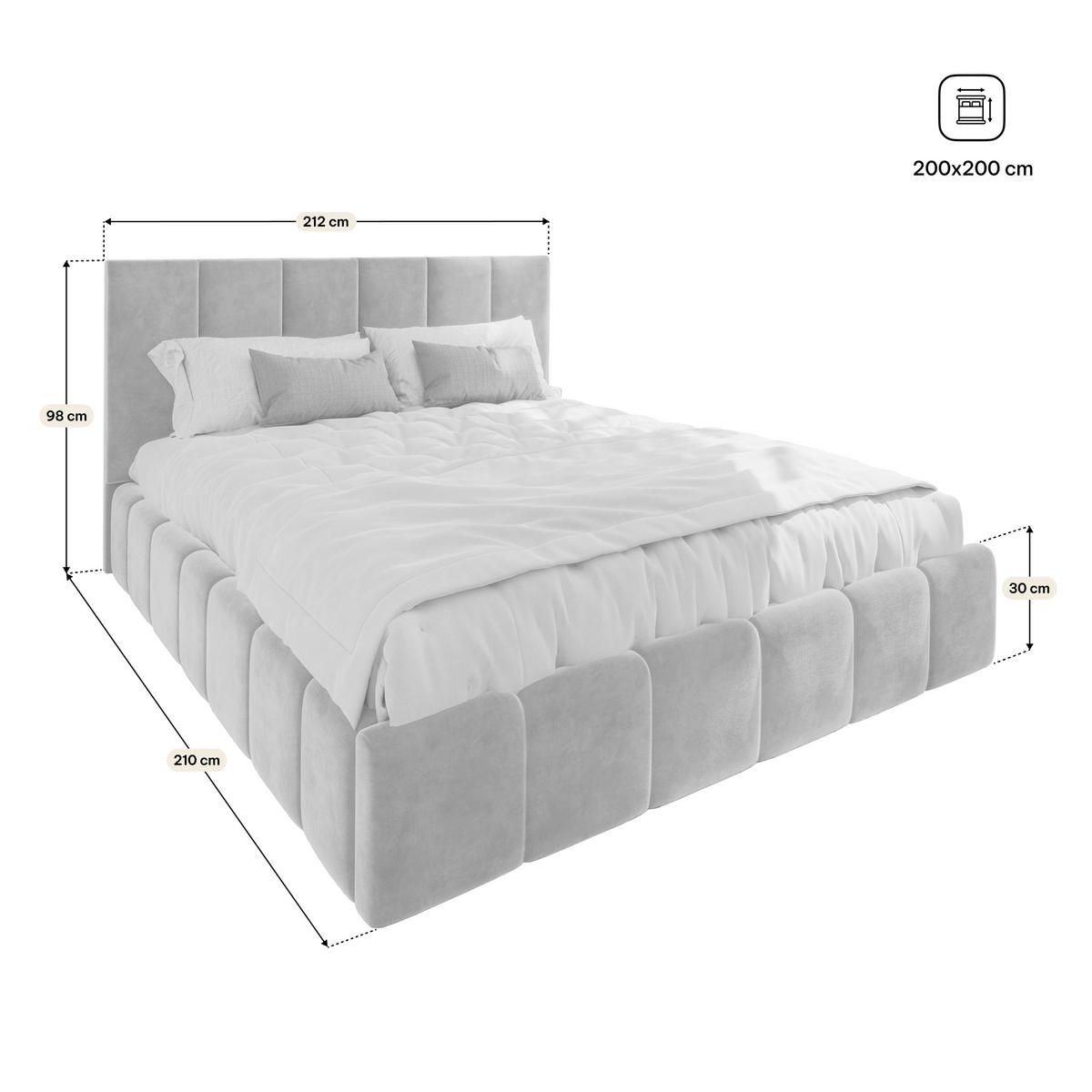 POLSTERBETT TARANTO 200x200 cm mit Bettkästen - Hellgrau - Hellgrau, Holz/Textil - MASSENO