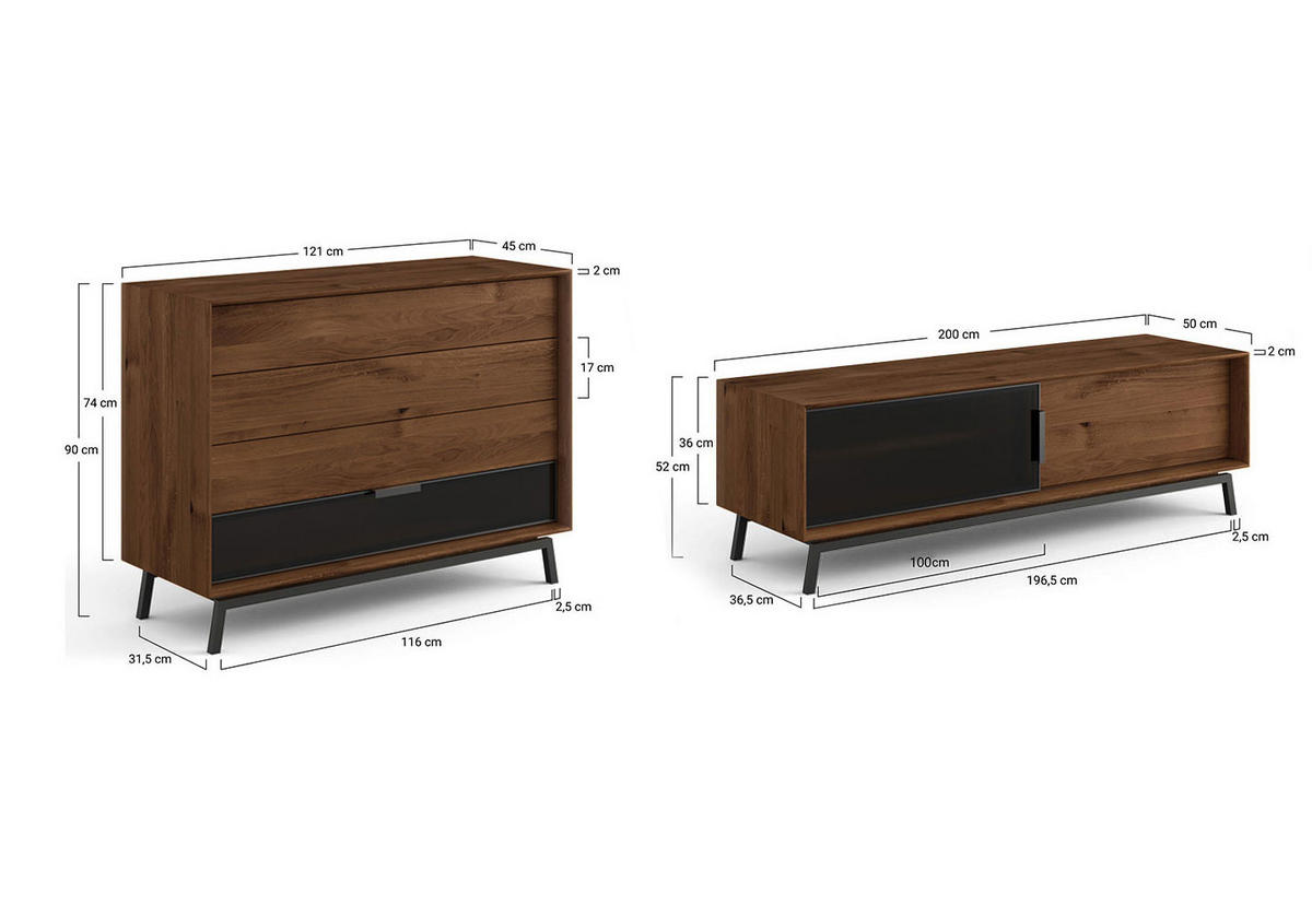 WOHNWAND 2er-Set Modern Loft Eiche Tabak 321 / 50 / 90cm - Eichefarben/Dunkelbraun, Holz/Metall (321/90/50cm) - Feldmann-Wohnen