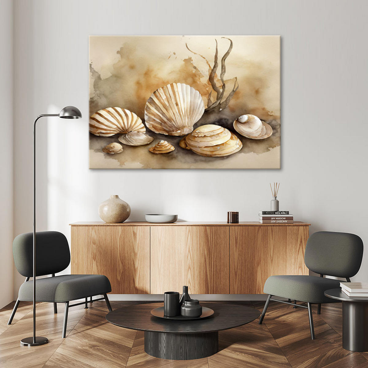 LEINWANDBILD Nautische Muschel Acryl - Beige, Textil (90/60cm) - Feeby