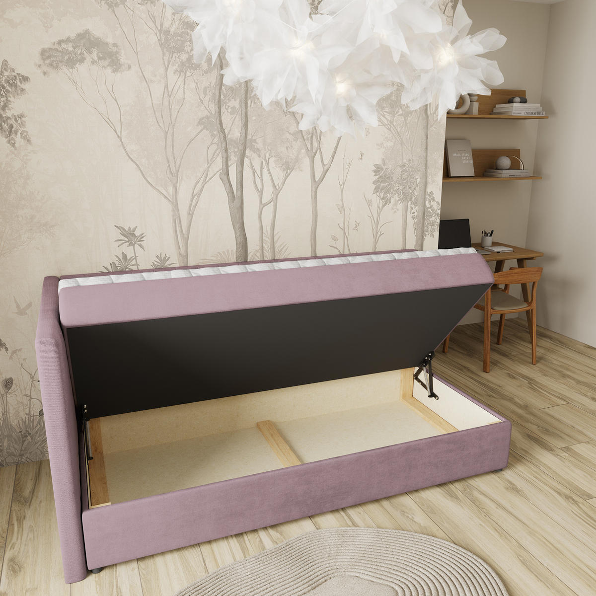 BOXBETT ARIS 100x200 cm mit Matratze und Topper, H2+H3 - Rosa - Rosa, Holz (100/200cm) - MASSENO