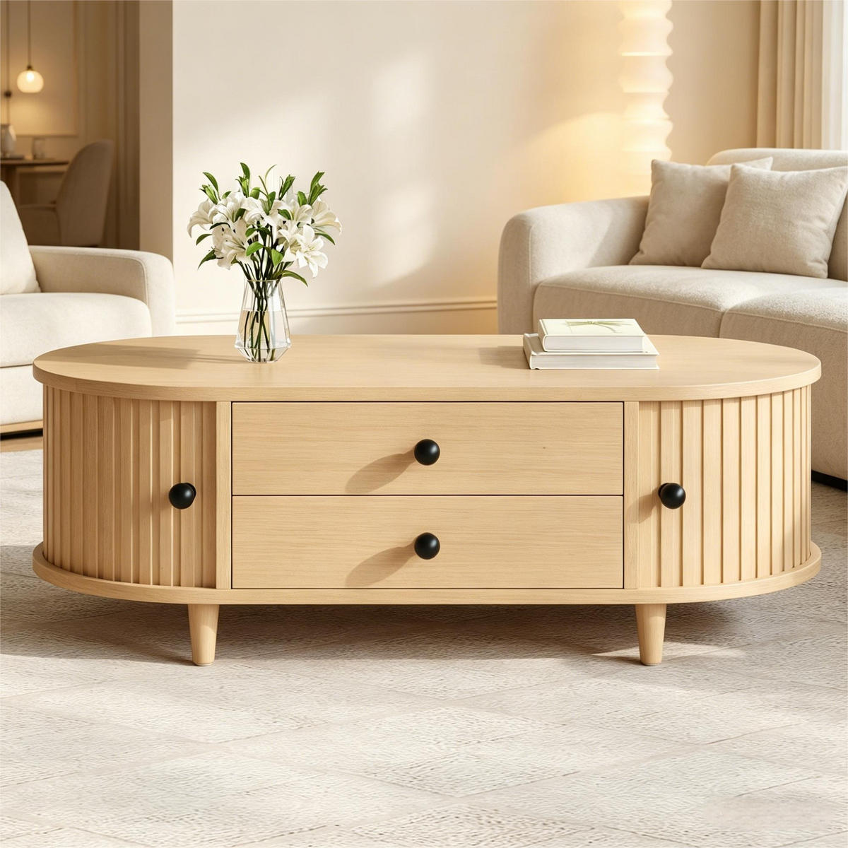COUCHTISCH mit seitlichen Rolltür 2 Schubladen kompakt stabil heller Holzton 100/50/36 cmMDF/Massivholzbeine - Hellbraun, Holzwerkstoff (100/50/36cm) - EVRYAE