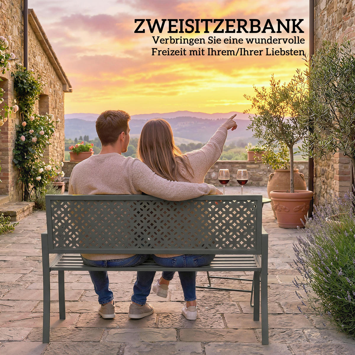 GARTENBANK,2-SITZER Metall rostbeständig geometrisch - Grau, Metall (127/85/61cm) - Vallsero