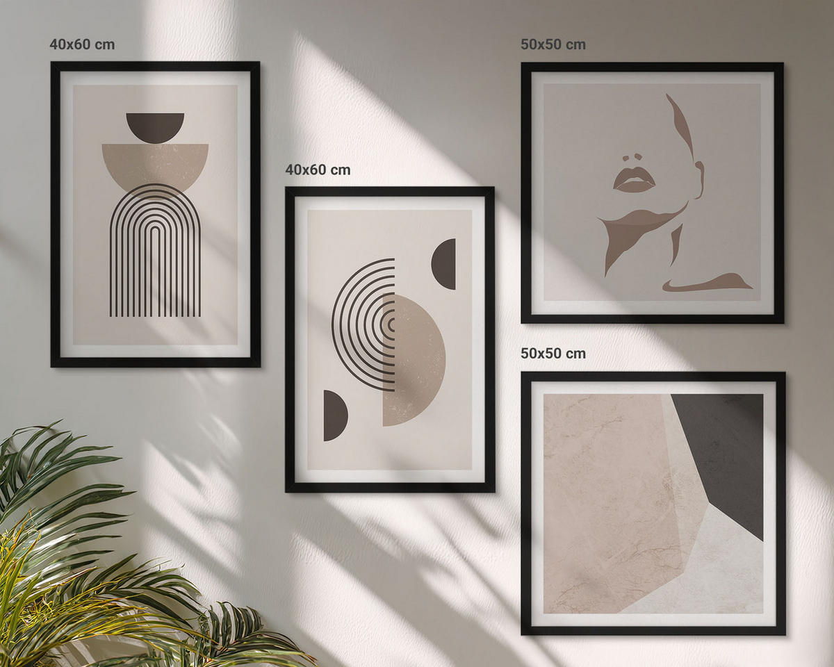 BILDER SET 4er Set - 50x50 cm & 40x60 cm Schwarzer Rahmen - Abstrakte Gesichtsformen - Schwarz, Kunststoff (50/50cm) - TULUP