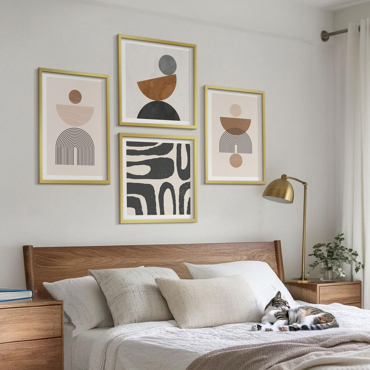 WANDBILDER 4er Set - 50x50 cm & 40x60 cm Goldrahmen - Abstraktes Boho-Design - Goldfarben, Kunststoff (50/50cm) - ArtPrintCave
