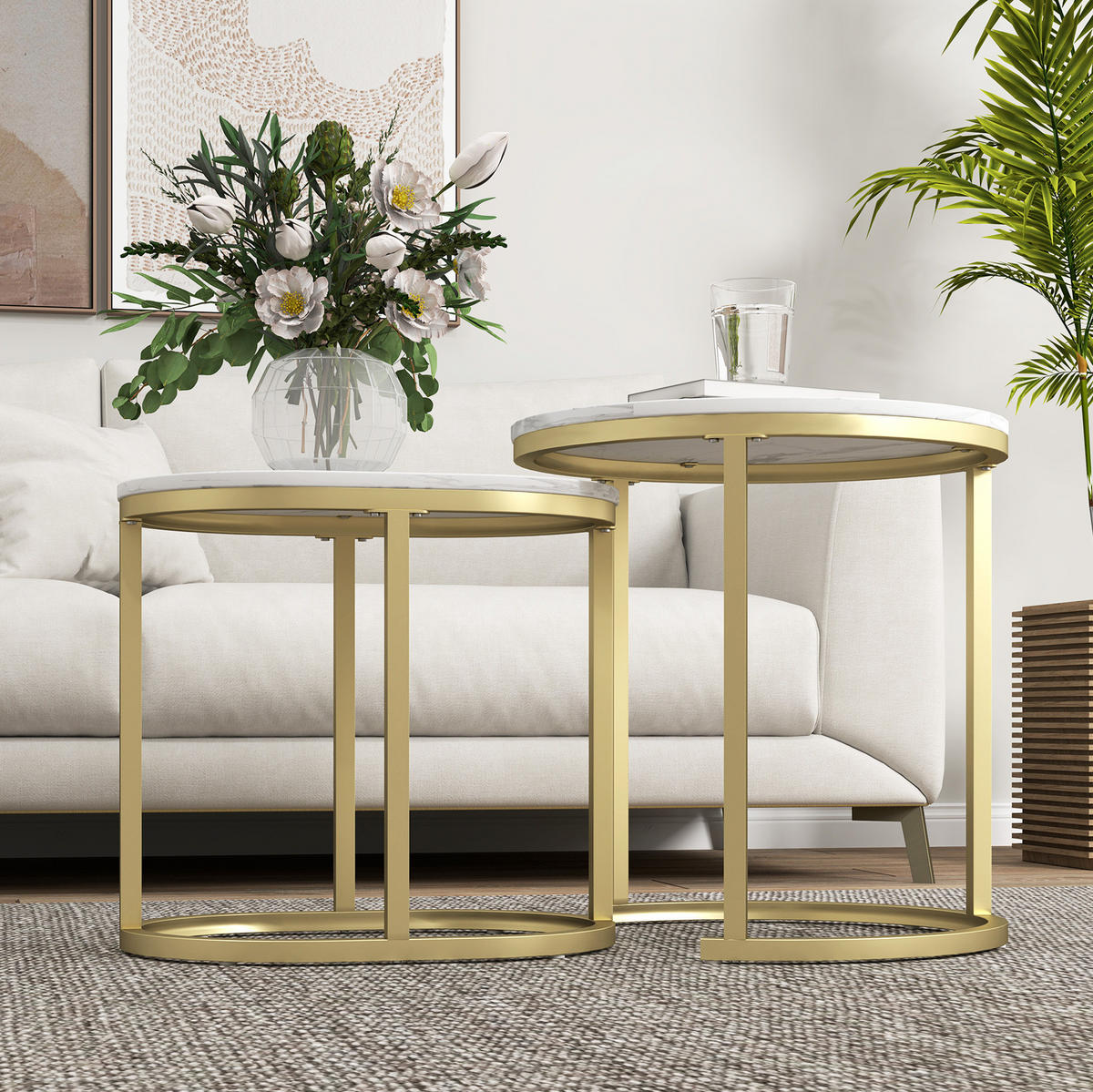 COUCHTISCH-SET 50/50/50,5 cm und 60/36/43,5 cm stapelbar mit MDF-Platte und Stahlrahmen, Weiß - Weiß, Holzwerkstoff (50/50/50.5cm) - Redom
