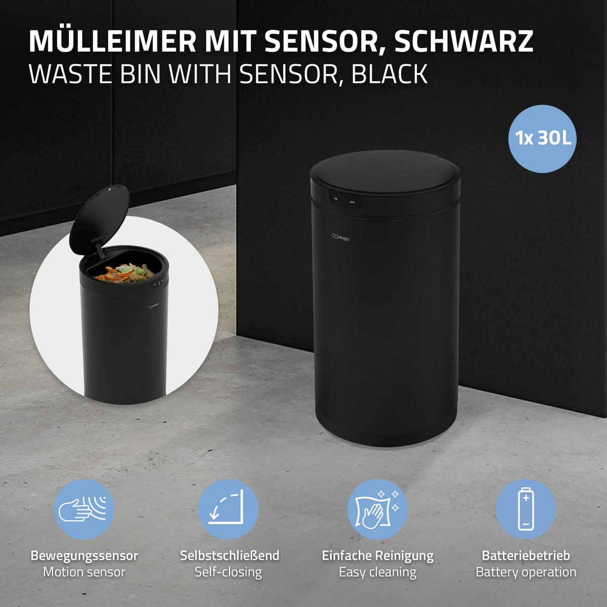 MÜLLEIMER mit Sensor 30L rund aus Stahl Schwarz - Schwarz, Metall (29/52/29cm) - ML-DESIGN