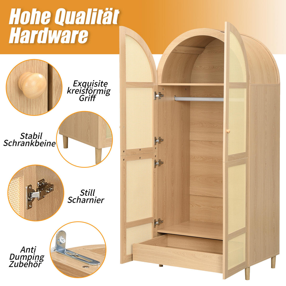 KLEIDERSCHRANK Gebogene Türen Stauraum Schubladen Schlafzimmer - Naturfarben, Holzwerkstoff (50/179/80cm) - FLIEKS