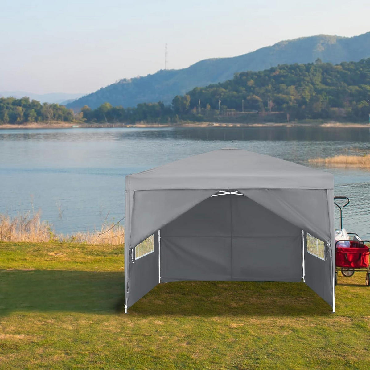 FALTPAVILLON 2.5 x 2.5 m Grau mit 4 Seitenteilen und Fenstern - Grau, Textil (250/260/250cm)