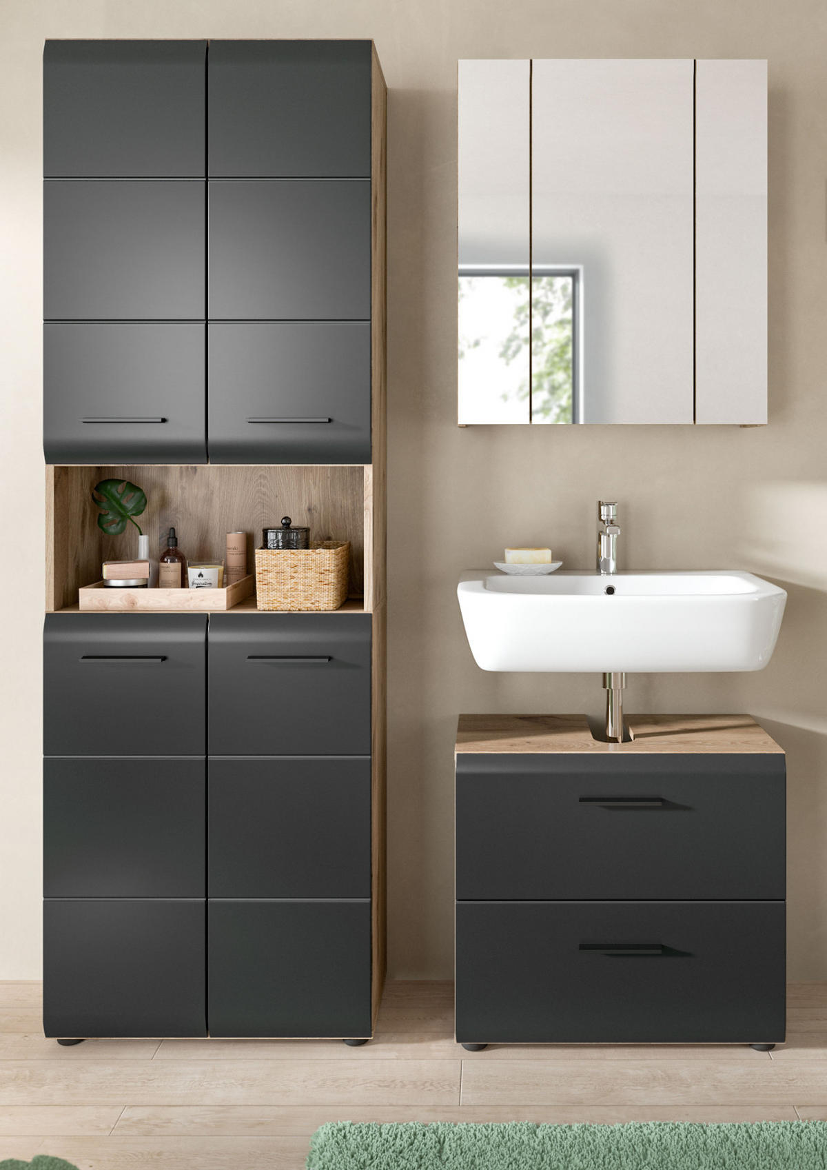 BADMÖBEL-SET 3-teilig schwarz matt, Eiche Nox, Badkombination mit Hochschrank 135 cm - Eichefarben/Schwarz, Glas/Holzwerkstoff (135/185/30cm) - Inn.Furn