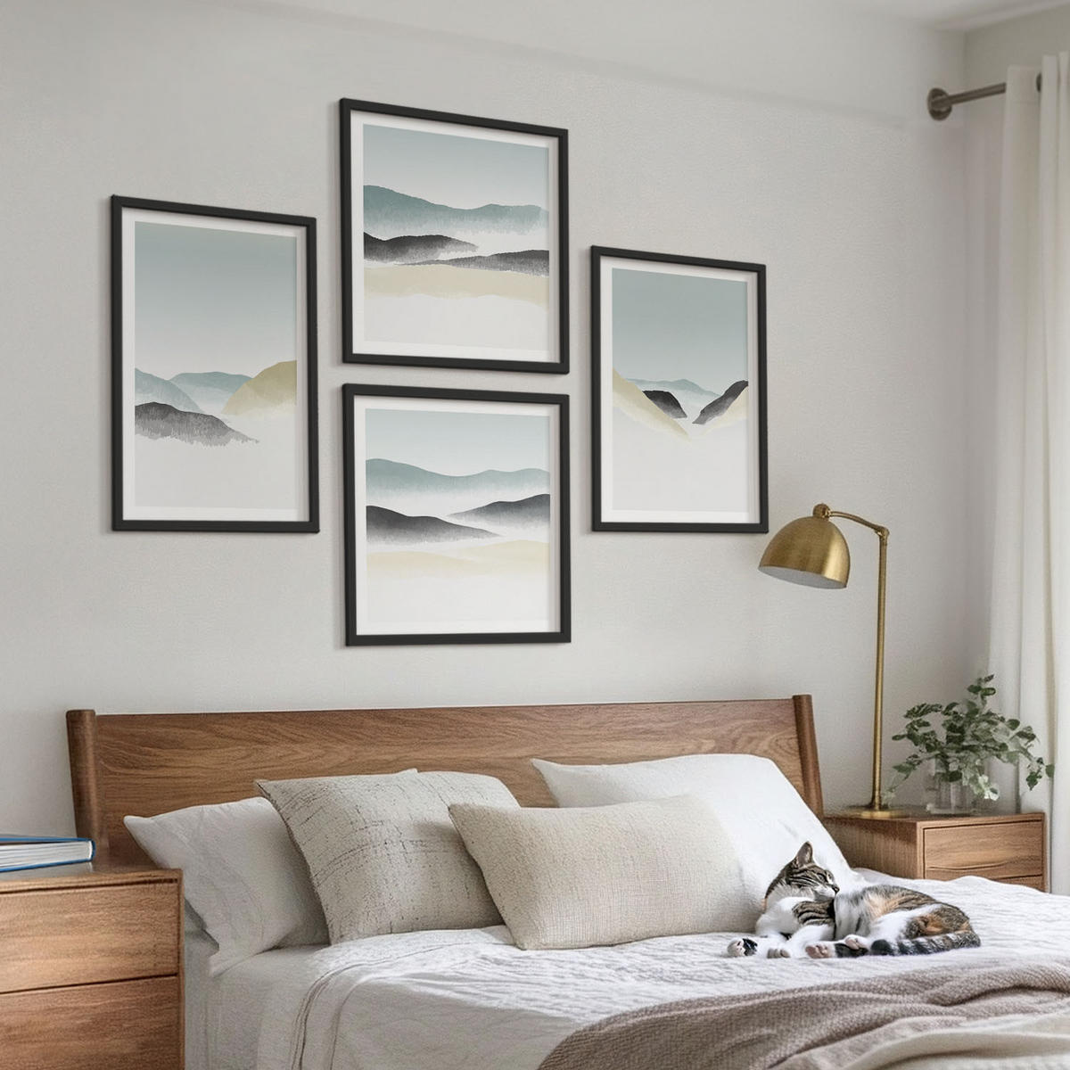 WANDBILDER 4er-Set - 50x50 cm & 40x60 cm Schwarzer Rahmen - Berge minimalistische Pastellfarben - Schwarz, Kunststoff (50/50cm) - ArtPrintCave