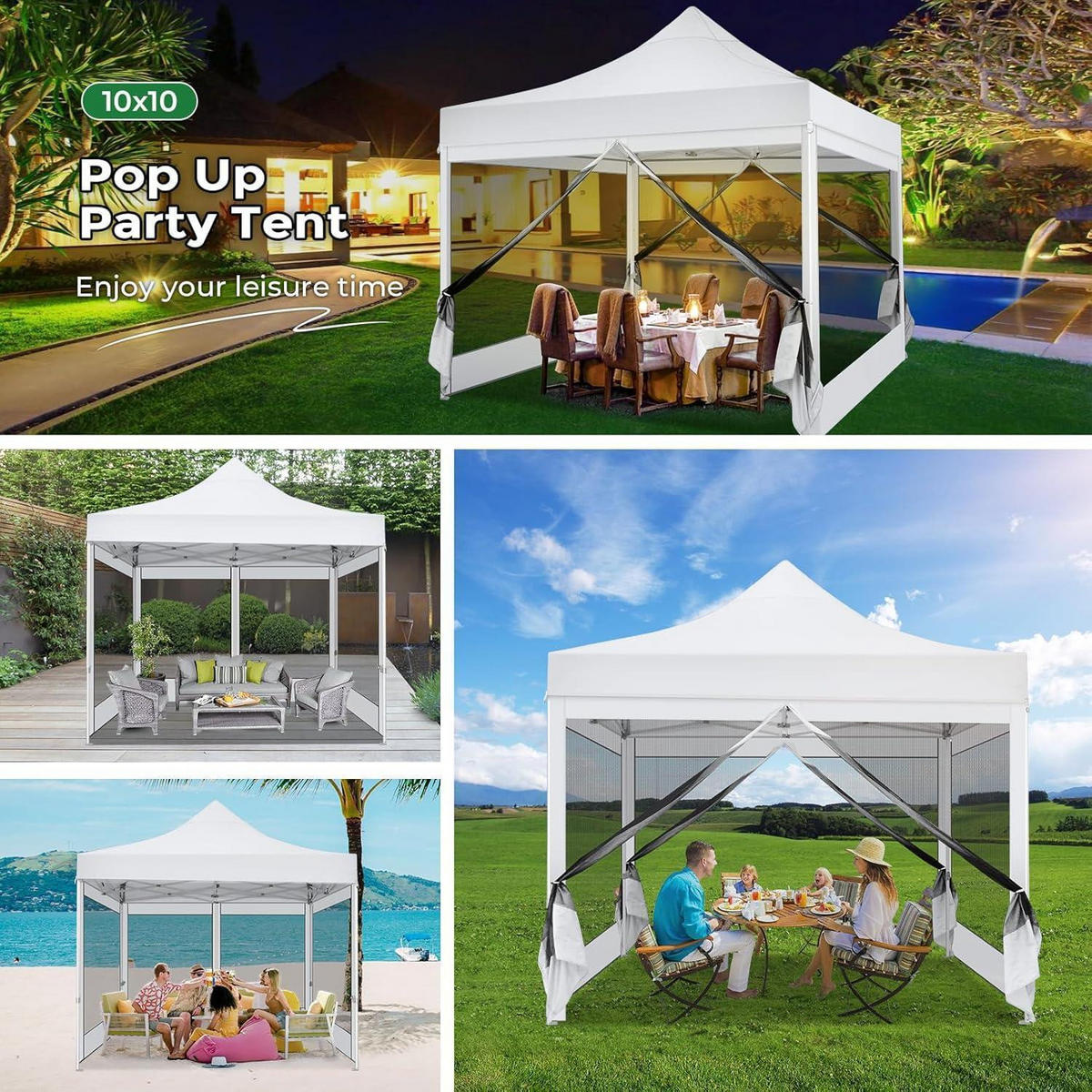 FALTPAVILLON 3x3m Wasserdicht mit 4 Seitenwänden und Moskitonetz - Weiß, Textil (300/335/300cm)
