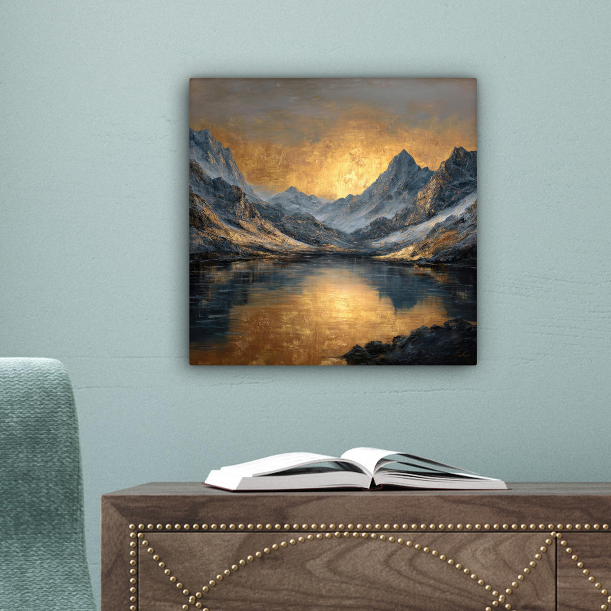 LEINWANDBILD Bergkulisse mit goldenem Sonnenuntergang Deko Wohnzimmer 20x20 cm - Goldfarben, Textil (20/20cm) - MuchoWow