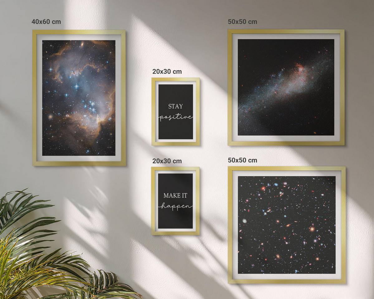 BILDER SET 5er Set - 50x50 cm & 20x30 cm & 40x60 cm Goldrahmen - Motivationsslogans Sterne Weltraum - Goldfarben, Kunststoff (40/60cm) - TULUP