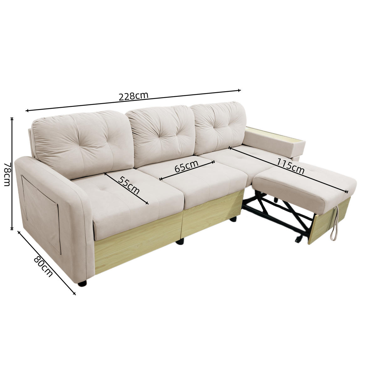 ECKSOFA 228/115/78 cm Beige mit ausziehbarer Ottomane, USB-Anschluss und Stauraum - Beige, Textil (228/80cm) - Oxeza