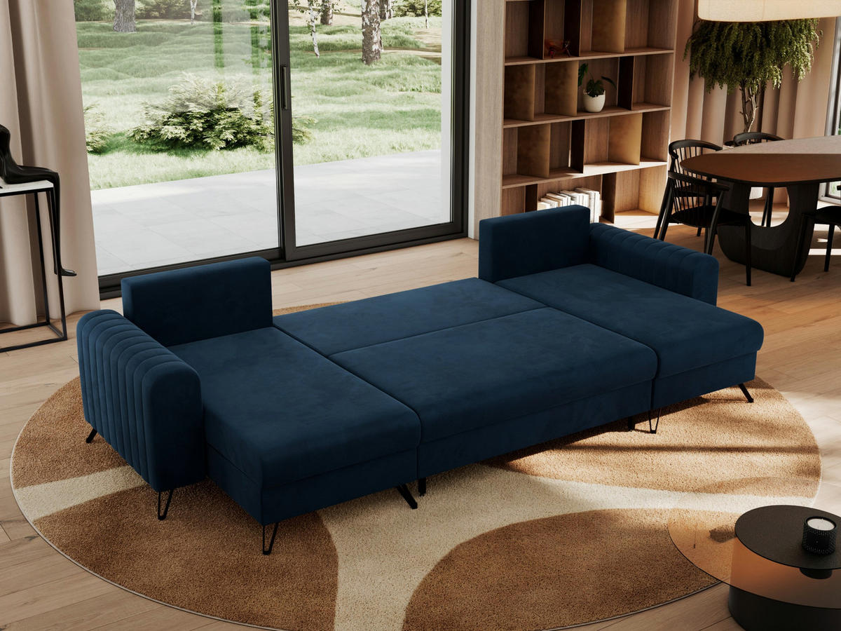 WOHNLANDSCHAFT AXEL U Velvet Dunkelblau - Blau/Schwarz, Textil/Metall (312/90/140cm) - MKS