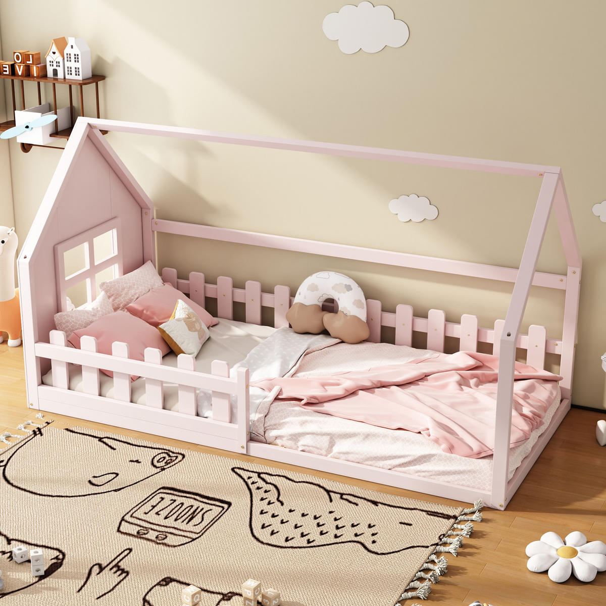 KINDERBETT 90x200cm Rosa Flachbett Hausleiste - Pink, Holz (90/200cm) - FLIEKS