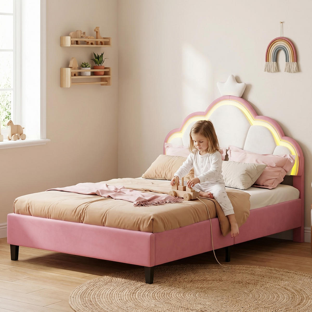 KINDERBETT 90/200 cm rosa mit Kronenkopfteil und LED - Rosa, Holz - SHOPENTRA