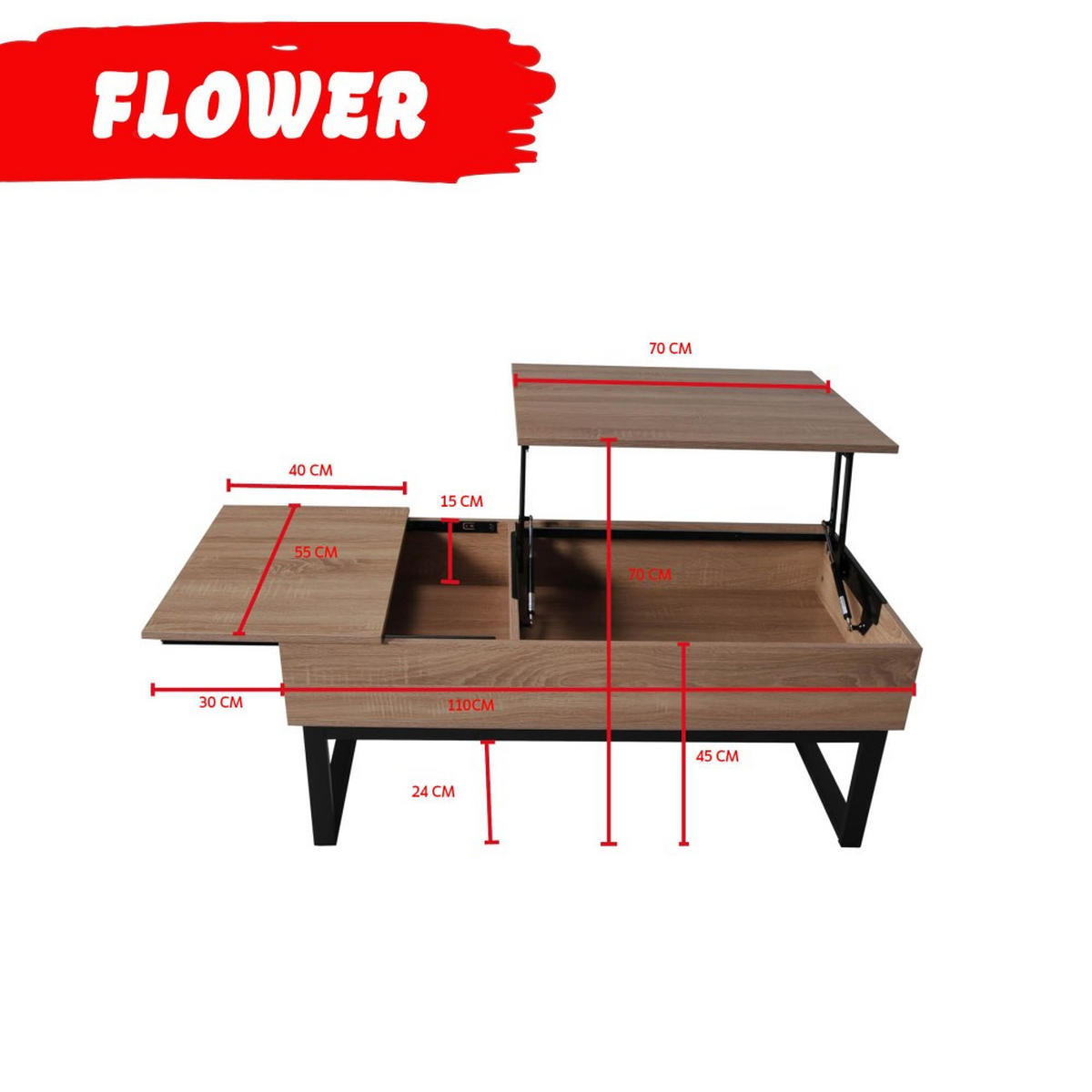 COUCHTISCH FLOWER/ 110x55 cm - Gebleichte Eiche und schwarz - Eichefarben/Schwarz, Holzwerkstoff/Metall (100/64/63cm) - Weber Industries