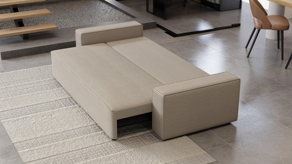 SOFA Vens mit Bettkasten und Schlaffunktion, Cordstoff - Beige, Holzwerkstoff (242/85/95cm)