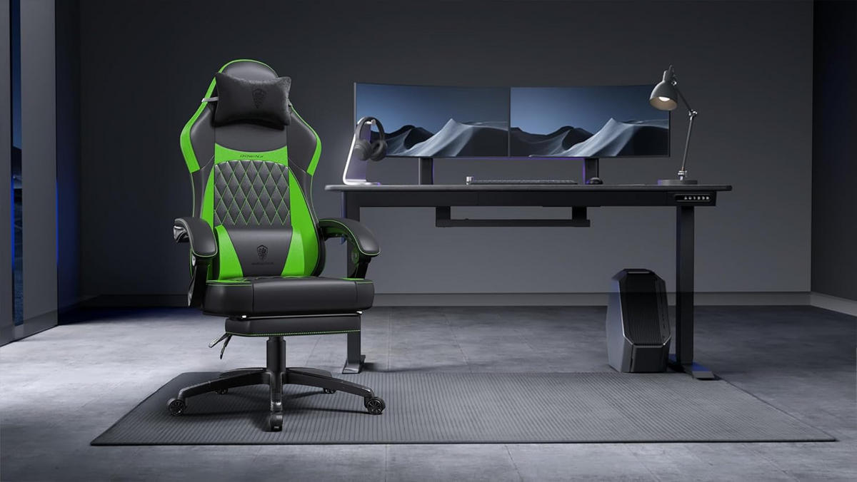 GAMING-STUHL ergonomischer mit Lendenwirbelstütze, Fußstütze, PU-Leder - Grün, Leder (65/127/63cm)