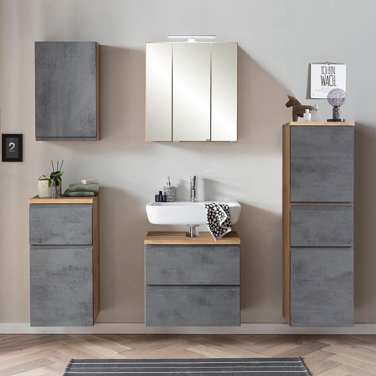 BADMÖBEL-SET 5-TLG. Vasto-03 - Grau, Holzwerkstoff (170/200/35cm) - Lomado