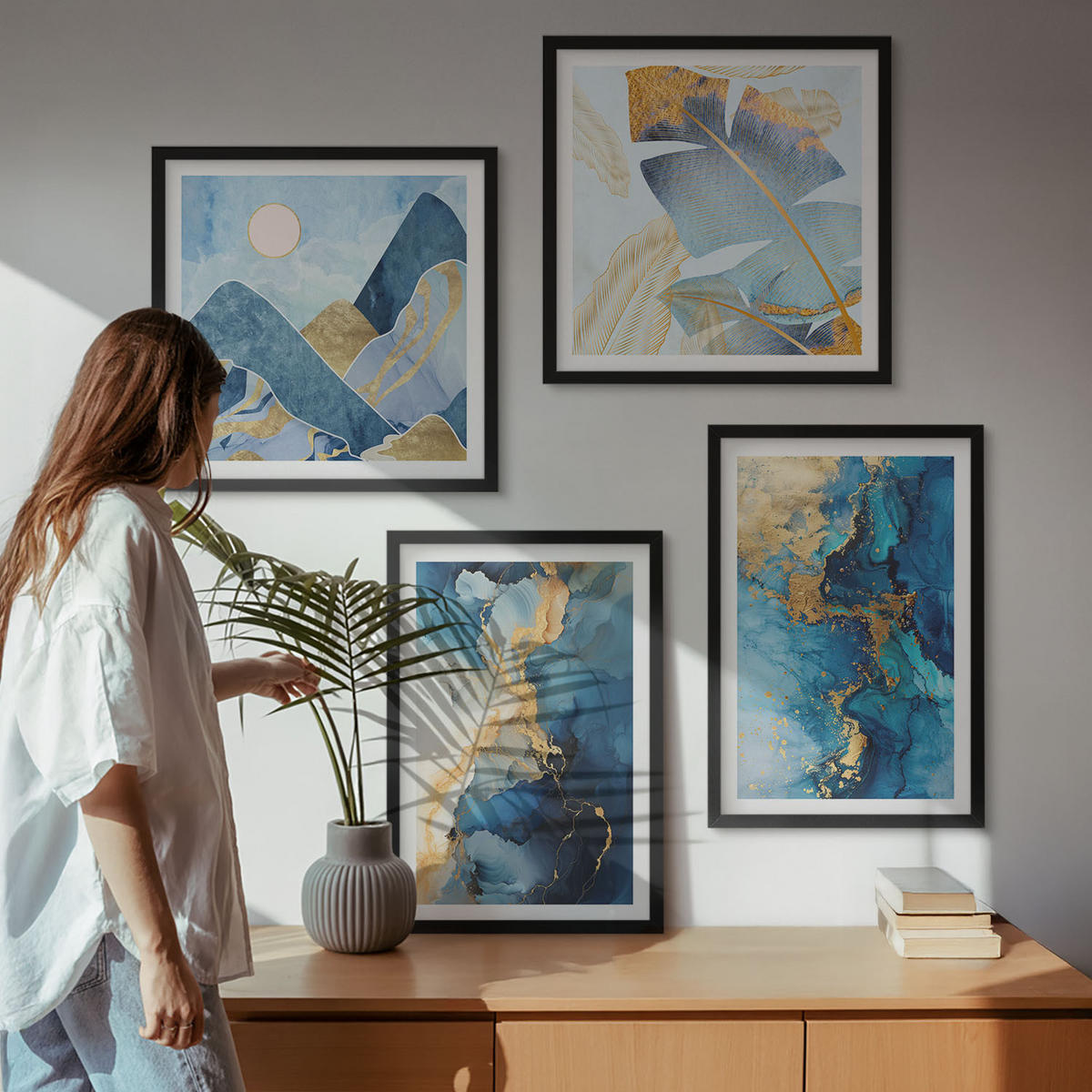 WANDBILDER 4er-Set - 50x50 cm & 40x60 cm Schwarzer Rahmen - Goldmuster in den blauen Bergen - Schwarz, Kunststoff (50/50cm) - ArtPrintCave