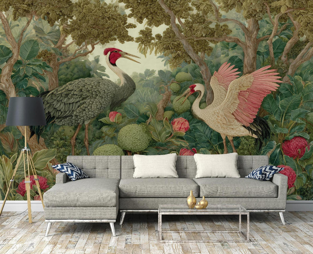 FOTOTAPETE Kranichvogel Dschungel Grün 150x105 cm - Multicolor, Papier (150/105cm) - Wallarena