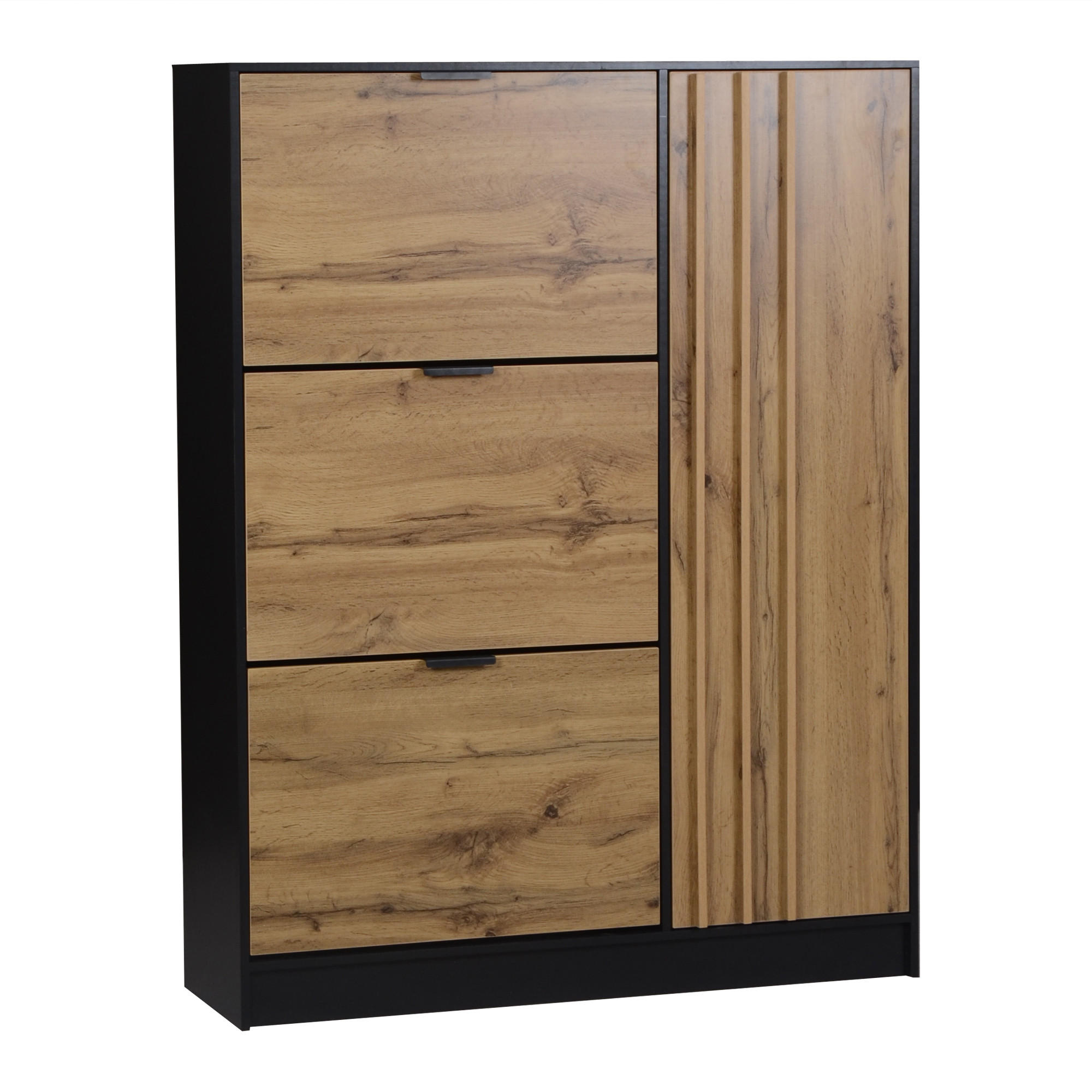 SCHUHKIPPER DE-37841 mit 3 Klappfächern und 1 Türfach Holzfarbe/Schwarz - Naturfarben, Holzwerkstoff (100/130/30cm) - ComfortXL