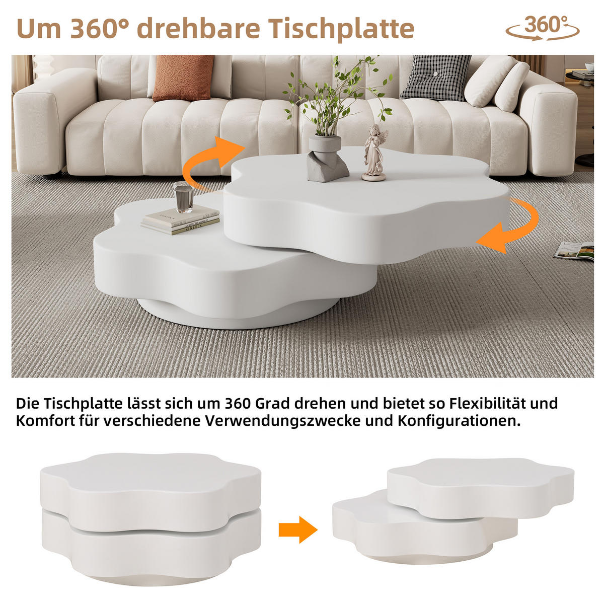 COUCHTISCH in Cremeweiß Blumenform-Wohnzimmertisch mit 360° drehbarer Tischplatte für Wohnzimmer, B74.8/T67.5/H31cm - Weiß, Holzwerkstoff (67.5/74.8/31cm) - STILVORA