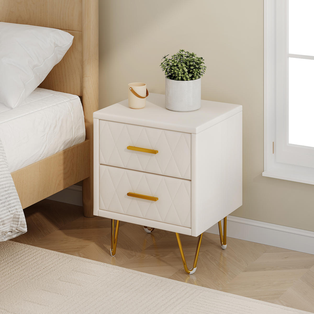 2ER Set Nachttisch Beige PU – Moderner Nachttisch mit 2 Schubladen - Beige, Holz (35.5/51/41cm)