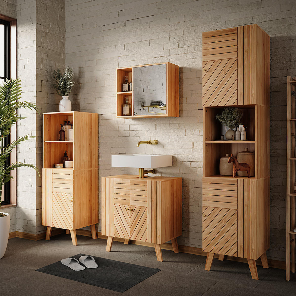 BADMÖBEL-SET Lucie Bambus 4 Teile, mit Midischrank und Hochschrank - Grün, Holzwerkstoff (60/65/36cm) - Vicco