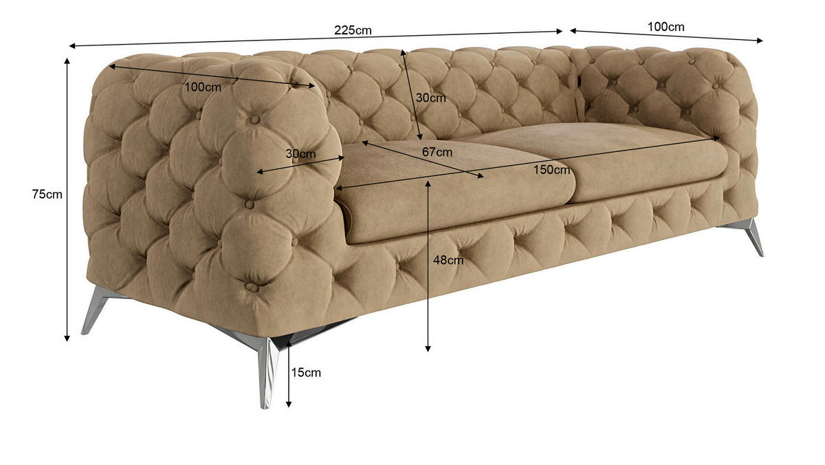 CHESTERFIELD-SOFA 3-Sitzer Laura Beige Samt - Beige/Silberfarben, Holz/Textil (225/75/100cm) - S-Style Möbel