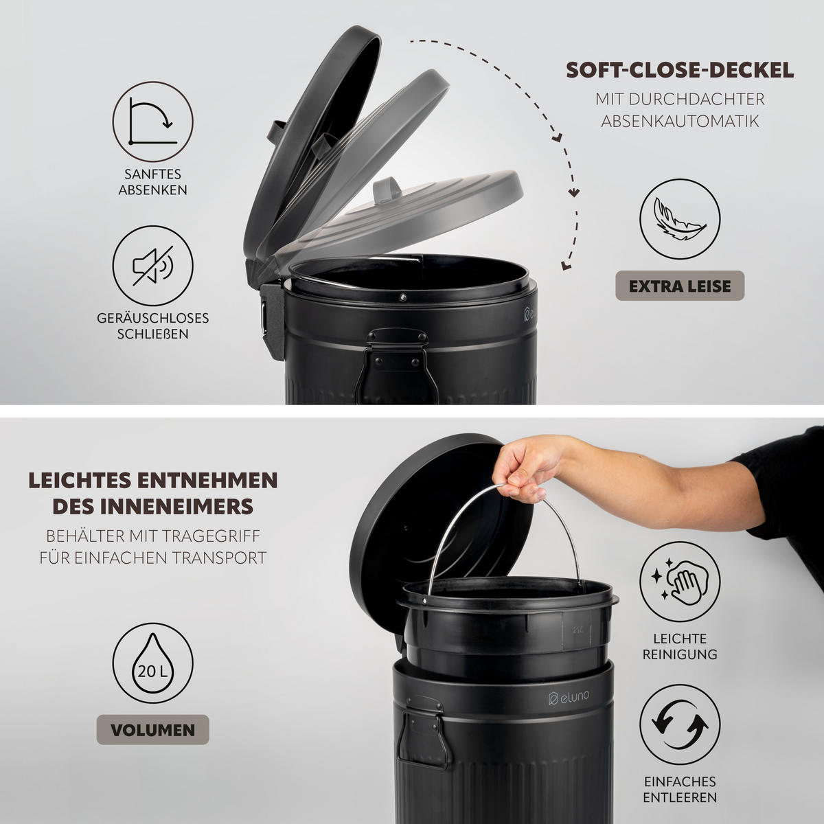 ABFALLEIMER Treteimer VINTAGE, 20 Liter, aus Metall, schwarz - Schwarz, Metall (30.5/47.5/38cm) - eluno