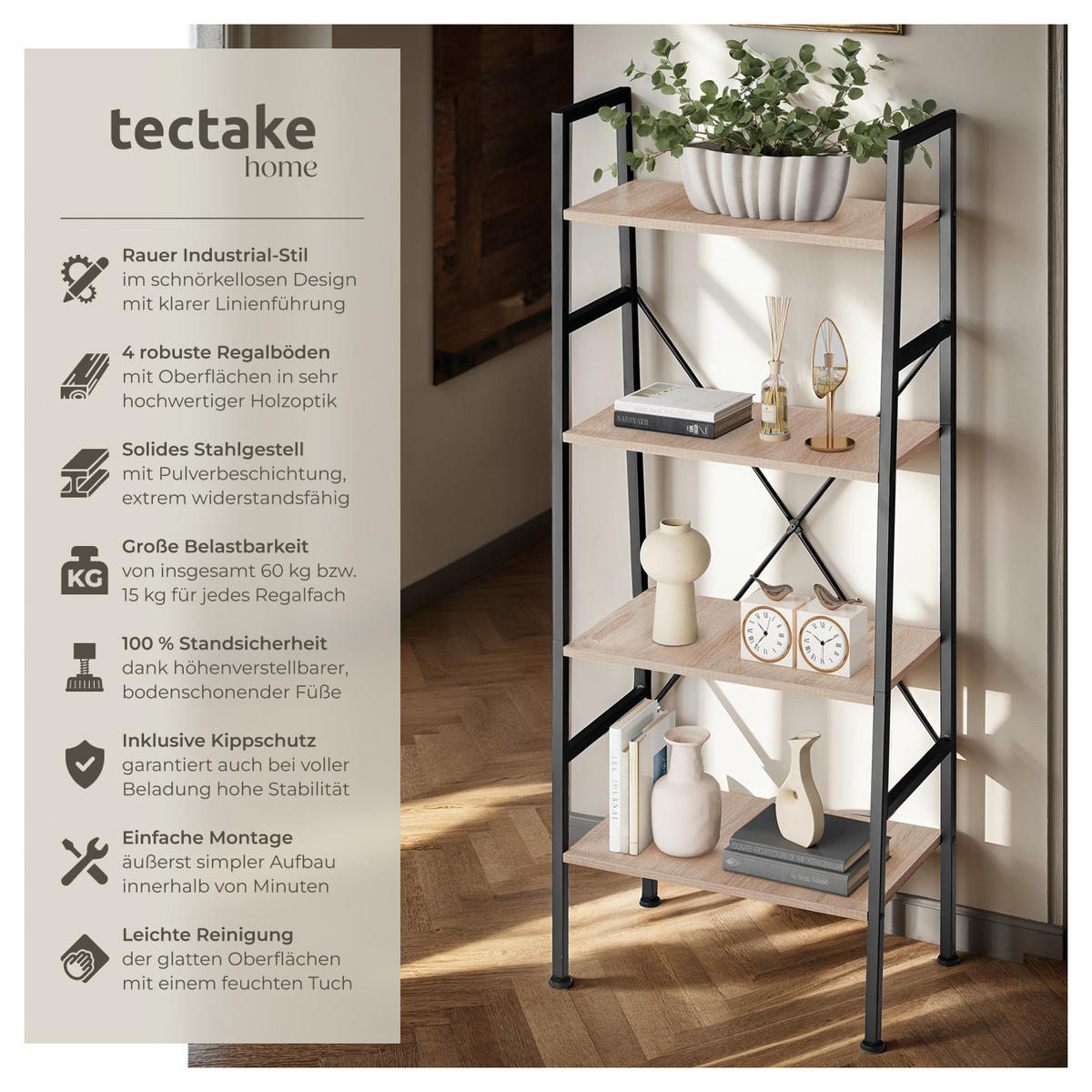 LEITERREGAL Newcastle,inklusive Kippschutz, 57,5 x 35,5 x 139 cm,Industrial Holz hell, Eiche Sonoma - Naturfarben, Holz (35.5/139/57.5cm) - tectake
