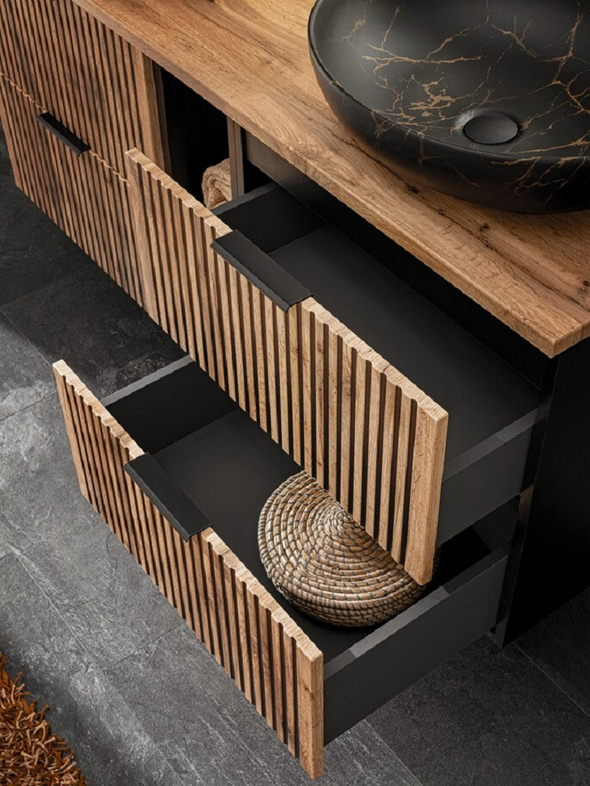 BADMÖBEL-SET Xilo X - 11 Teile in Wotan Oak/Grau Rock - Eiche Wotan/Schwarz, Holz/Metall (120/140/46cm)