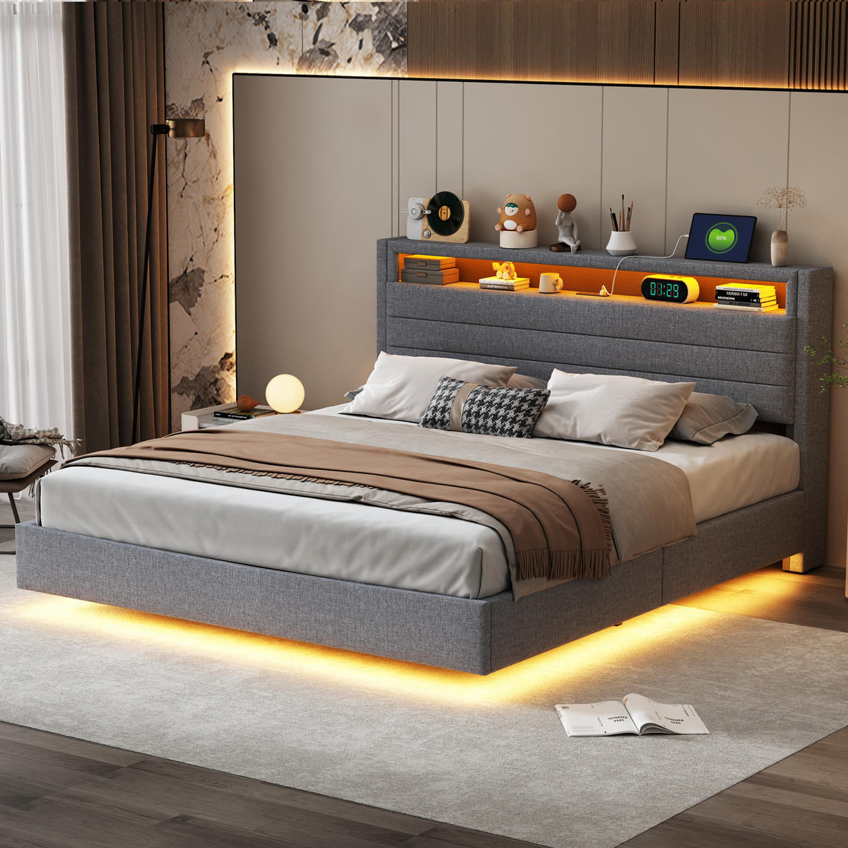 POLSTERBETT 160/200 cm mit Stauraum und LED-Beleuchtung aus Leinen grau - Grau, Textil (160/200cm) - OKWISH