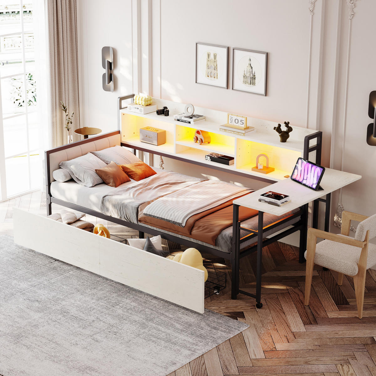 KINDERBETT 90/200 cm DE-01456, in Weiß, mit LED, Schreibtisch und Steckdose - Weiß, Metall (90/200cm) - ComfortXL