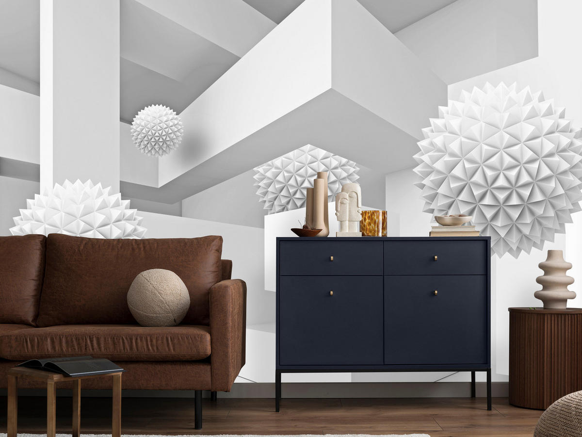 FOTOTAPETE für Wohnzimmer Abstrakte Kugeln Geometrie Illusion 350x256 - Weiß/Grau, Papier (350/256cm) - Muralo