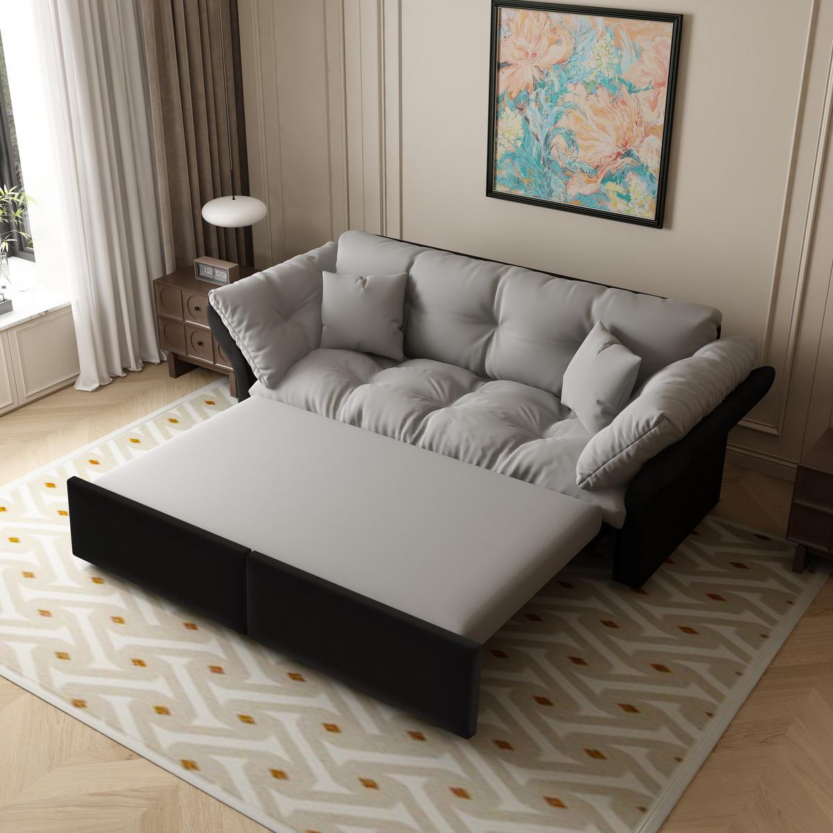 SCHLAFSOFA 190/85/91 cm Hellgrau Samt mit Tufting und 2 weichen Kissen - Hellgrau, Textil (190/91/85cm) - Oxeza