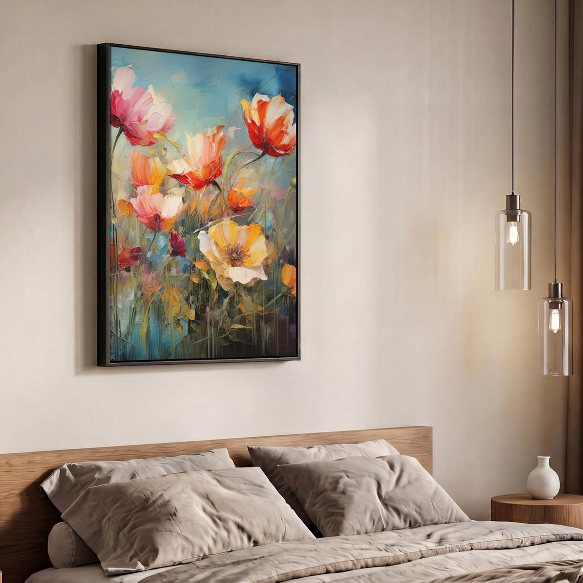 LEINWAND Bilder mit Rahmen - Blumen - Aquarell - Kunst - Botanisch - Natur - 70x100 - Orange, Textil (70/100cm) - MuchoWow
